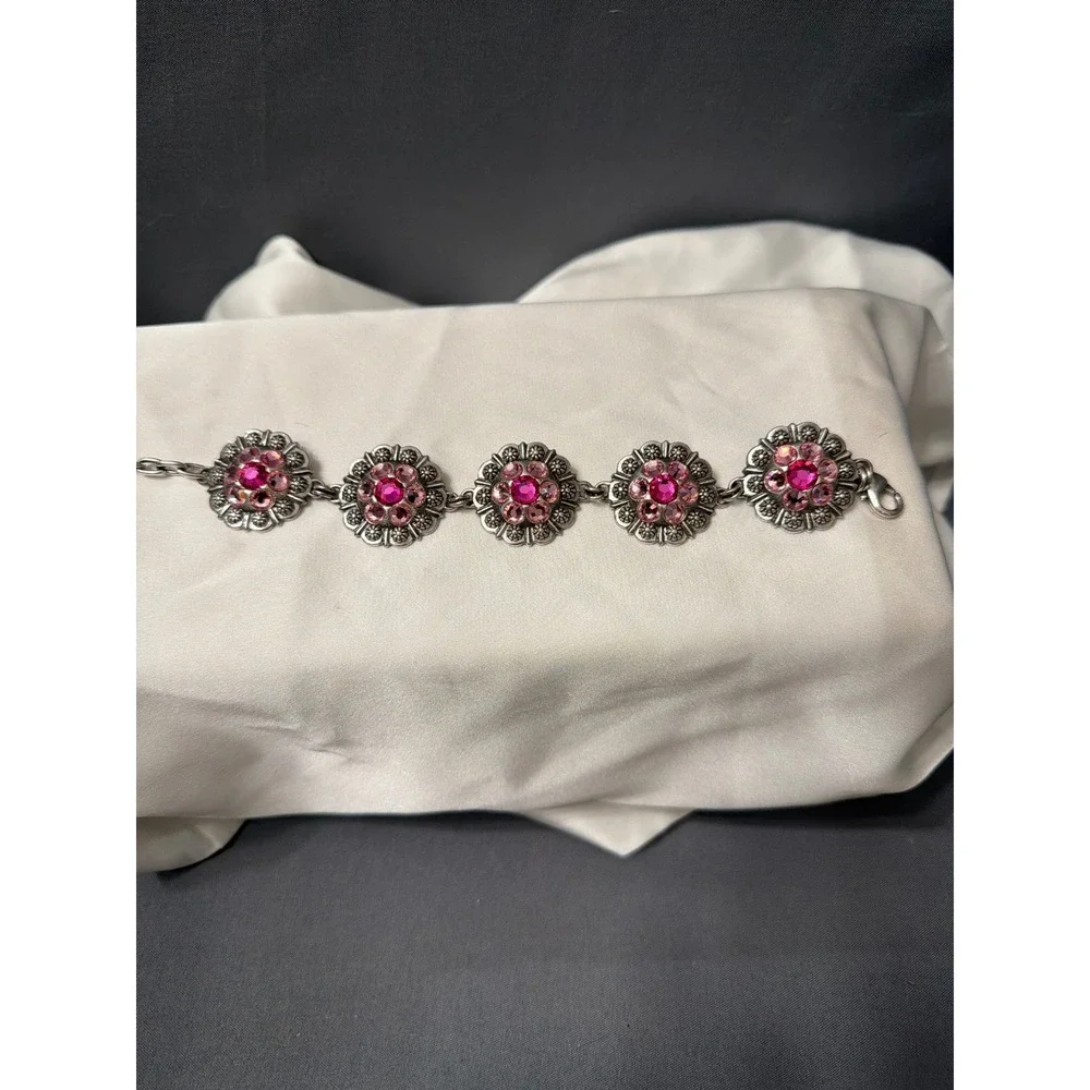 Brighton Pink Power of Pink Silver Plated Concho Rhinestone Link Bracelet Ribbon